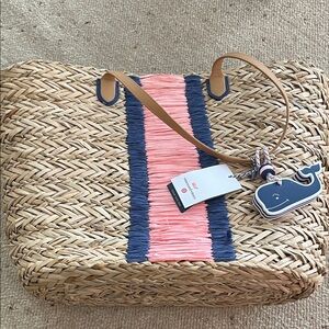 Vineyard Vines X Target Straw Tote with Pink and Navy Accents